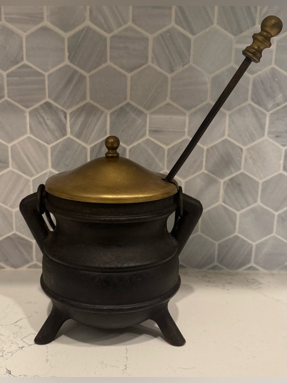Vintage Cast Iron Fireplace Fire Starter Smudge with Pot Brass Lid & Pumice Wand